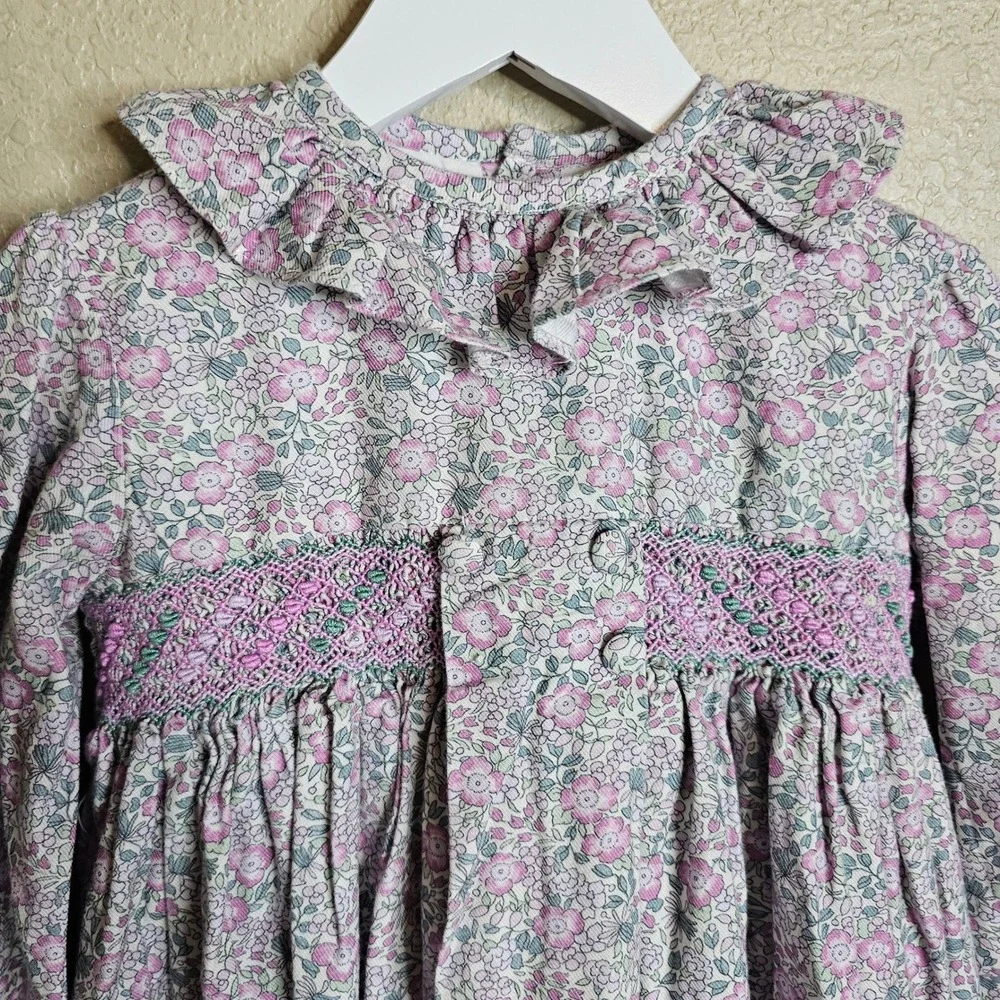 Pi&Pa Girls Floral Smocked Dress Pink Purple Long Sleeve Ruffle Collar Size 4